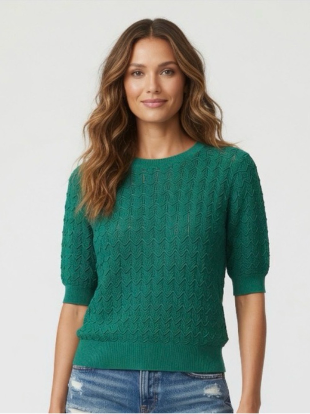 NWT Ann Taylor green chevron pointelle knit short sleeve crewneck sweater XS